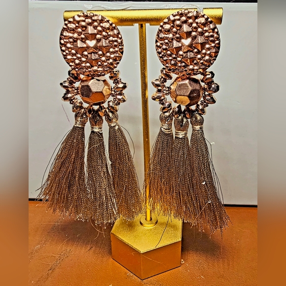 Lightweight long rose gold champagne faceted tassle fringe earrings, luxury - Picture 1 of 8